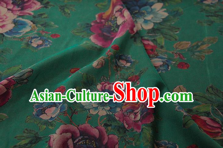 Traditional Chinese Classical Peony Pattern Deep Green Gambiered Guangdong Gauze Silk Fabric Ancient Hanfu Dress Silk Cloth