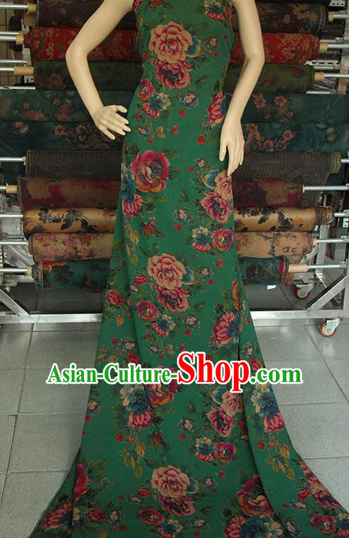 Traditional Chinese Classical Peony Pattern Deep Green Gambiered Guangdong Gauze Silk Fabric Ancient Hanfu Dress Silk Cloth