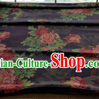 Traditional Chinese Classical Peony Pattern Black Gambiered Guangdong Gauze Silk Fabric Ancient Hanfu Dress Silk Cloth