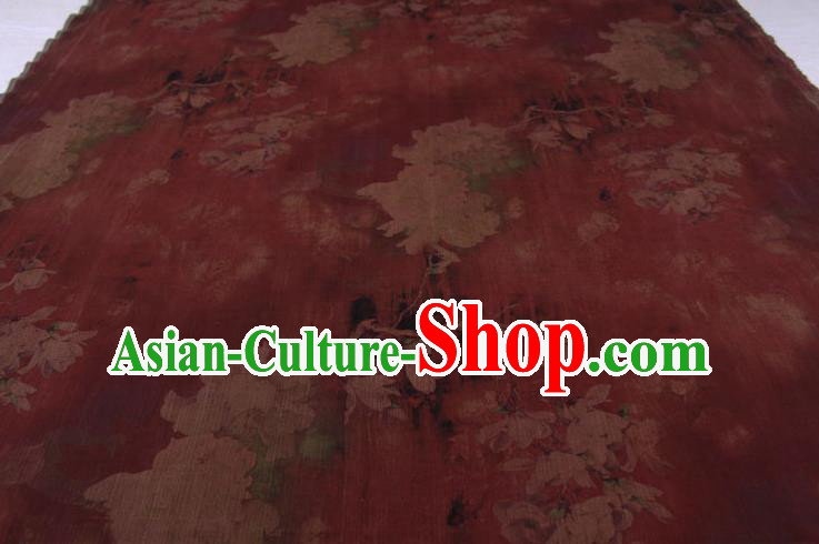 Traditional Chinese Classical Peony Pattern Dark Red Gambiered Guangdong Gauze Silk Fabric Ancient Hanfu Dress Silk Cloth
