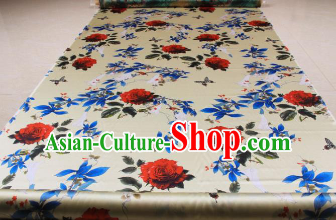 Traditional Chinese Classical Roses Pattern Beige Gambiered Guangdong Gauze Silk Fabric Ancient Hanfu Dress Silk Cloth Traditional Chinese Classical Roses Pattern Beige Gambiered Guangdong Gauze Silk Fabric Ancient Hanfu Dress Silk Cloth