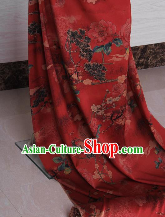 Traditional Chinese Classical Plum Peony Pattern Red Gambiered Guangdong Gauze Silk Fabric Ancient Hanfu Dress Silk Cloth Traditional Chinese Classical Plum Peony Pattern Red Gambiered Guangdong Gauze Silk Fabric Ancient Hanfu Dress Silk Cloth