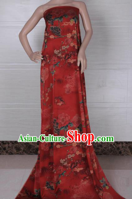 Traditional Chinese Classical Plum Peony Pattern Red Gambiered Guangdong Gauze Silk Fabric Ancient Hanfu Dress Silk Cloth Traditional Chinese Classical Plum Peony Pattern Red Gambiered Guangdong Gauze Silk Fabric Ancient Hanfu Dress Silk Cloth