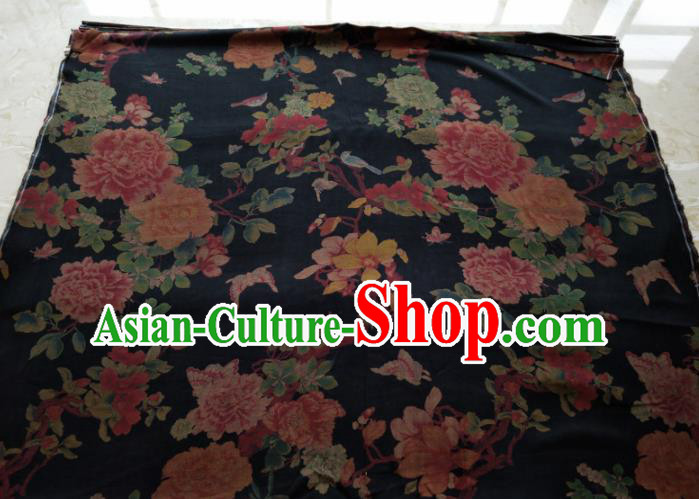 Traditional Chinese Classical Peony Birds Pattern Black Gambiered Guangdong Gauze Silk Fabric Ancient Hanfu Dress Silk Cloth Traditional Chinese Classical Peony Birds Pattern Black Gambiered Guangdong Gauze Silk Fabric Ancient Hanfu Dress Silk Cloth