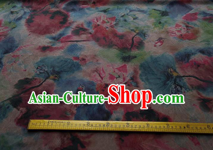 Traditional Chinese Classical Lotus Pattern Blue Gambiered Guangdong Gauze Silk Fabric Ancient Hanfu Dress Silk Cloth
