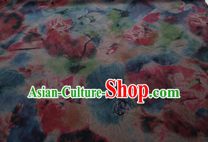 Traditional Chinese Classical Lotus Pattern Blue Gambiered Guangdong Gauze Silk Fabric Ancient Hanfu Dress Silk Cloth