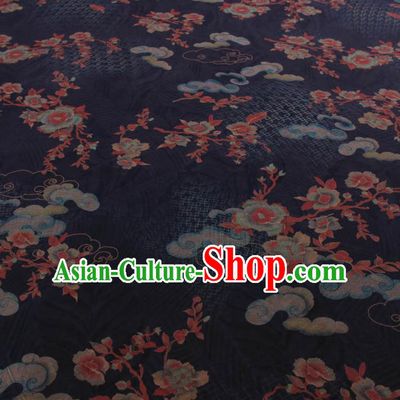 Traditional Chinese Classical Cloud Plum Pattern Navy Gambiered Guangdong Gauze Silk Fabric Ancient Hanfu Dress Silk Cloth