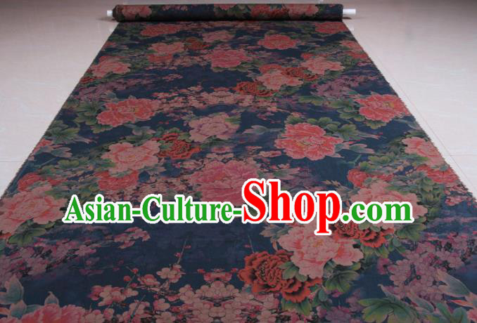 Traditional Chinese Classical Peony Plum Pattern Navy Gambiered Guangdong Gauze Silk Fabric Ancient Hanfu Dress Silk Cloth Traditional Chinese Classical Peony Plum Pattern Navy Gambiered Guangdong Gauze Silk Fabric Ancient Hanfu Dress Silk Cloth