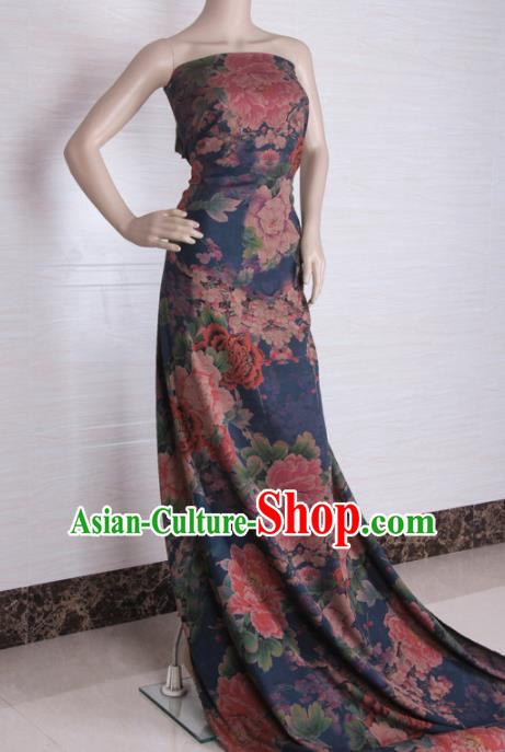 Traditional Chinese Classical Peony Plum Pattern Navy Gambiered Guangdong Gauze Silk Fabric Ancient Hanfu Dress Silk Cloth Traditional Chinese Classical Peony Plum Pattern Navy Gambiered Guangdong Gauze Silk Fabric Ancient Hanfu Dress Silk Cloth