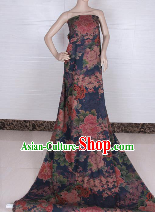 Traditional Chinese Classical Peony Plum Pattern Navy Gambiered Guangdong Gauze Silk Fabric Ancient Hanfu Dress Silk Cloth Traditional Chinese Classical Peony Plum Pattern Navy Gambiered Guangdong Gauze Silk Fabric Ancient Hanfu Dress Silk Cloth
