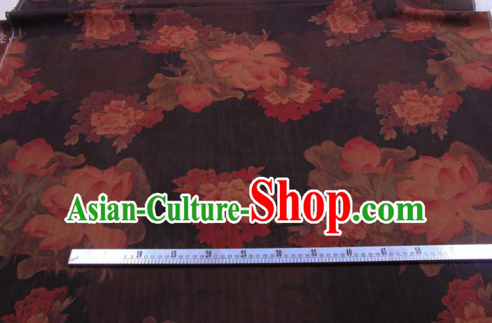 Traditional Chinese Classical Lotus Peony Pattern Deep Brown Gambiered Guangdong Gauze Silk Fabric Ancient Hanfu Dress Silk Cloth