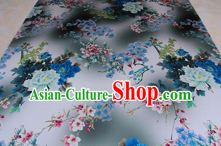 Traditional Chinese Classical Peony Plum Pattern Light Blue Gambiered Guangdong Gauze Silk Fabric Ancient Hanfu Dress Silk Cloth