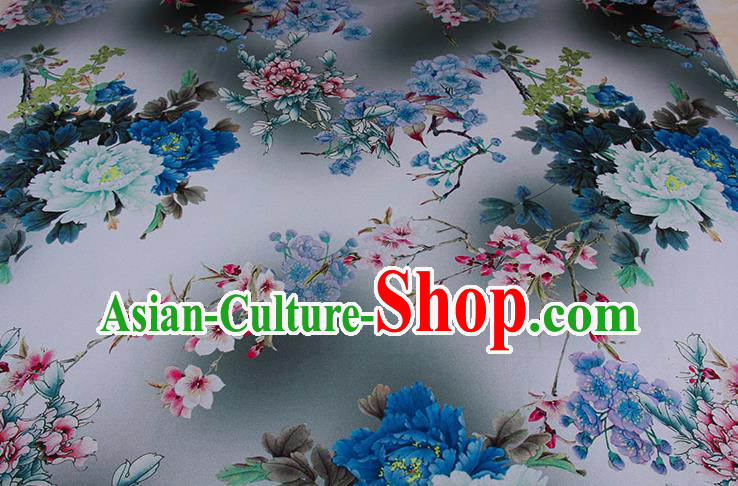Traditional Chinese Classical Peony Plum Pattern Light Blue Gambiered Guangdong Gauze Silk Fabric Ancient Hanfu Dress Silk Cloth