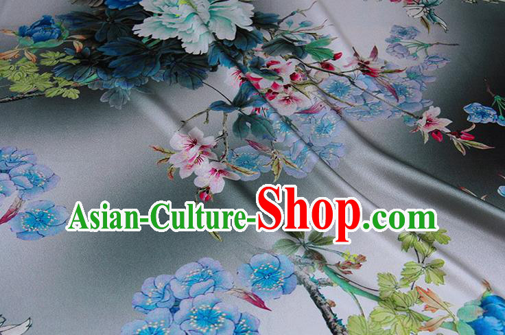 Traditional Chinese Classical Peony Plum Pattern Light Blue Gambiered Guangdong Gauze Silk Fabric Ancient Hanfu Dress Silk Cloth