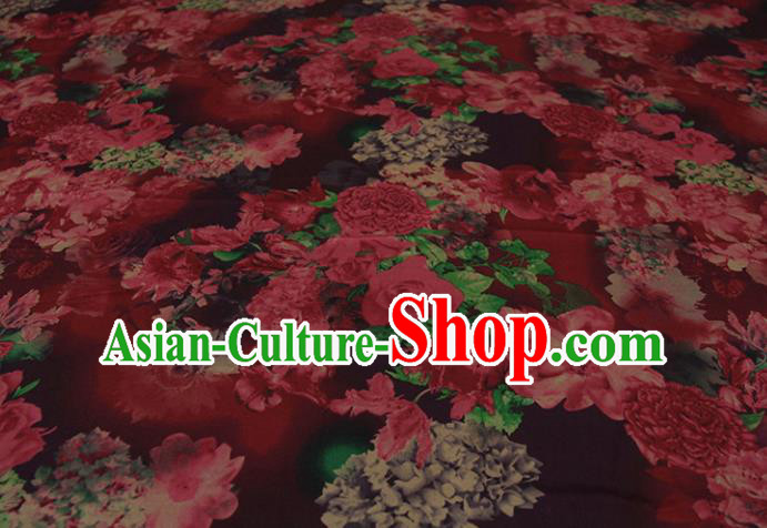 Traditional Chinese Classical Peony Flowers Pattern Dark Red Gambiered Guangdong Gauze Silk Fabric Ancient Hanfu Dress Silk Cloth