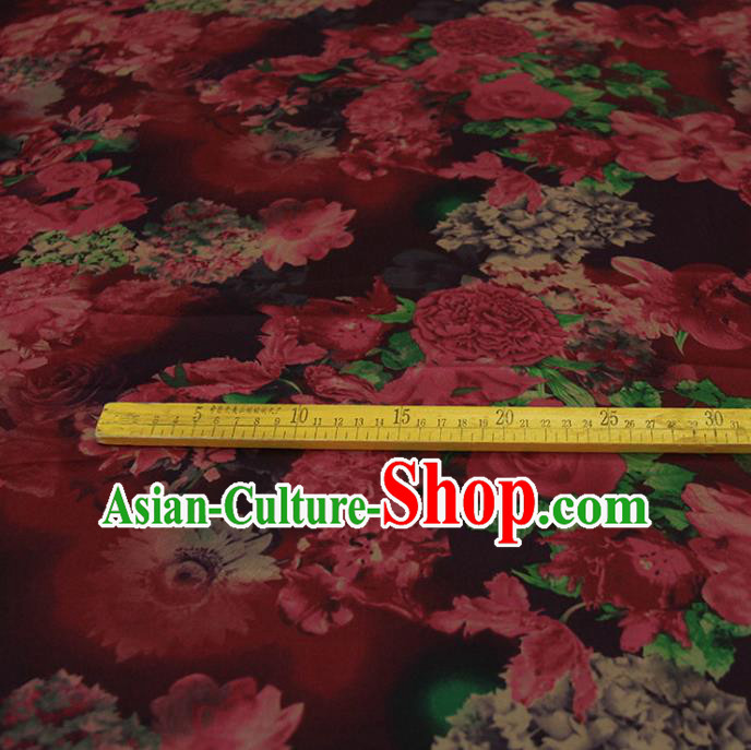 Traditional Chinese Classical Peony Flowers Pattern Dark Red Gambiered Guangdong Gauze Silk Fabric Ancient Hanfu Dress Silk Cloth