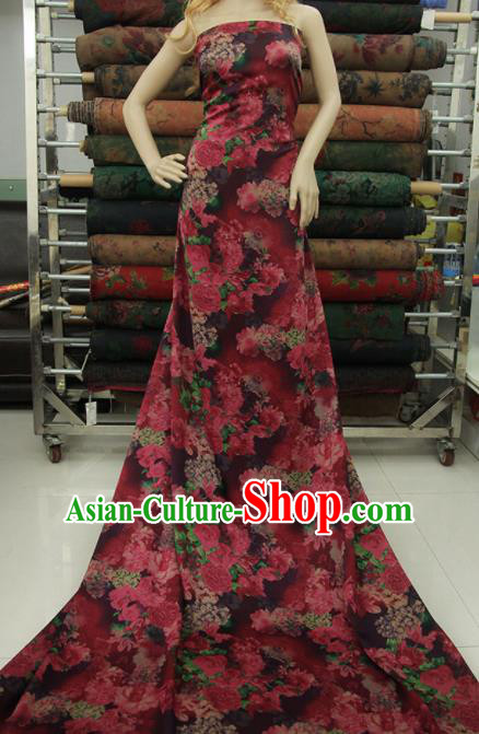 Traditional Chinese Classical Peony Flowers Pattern Dark Red Gambiered Guangdong Gauze Silk Fabric Ancient Hanfu Dress Silk Cloth