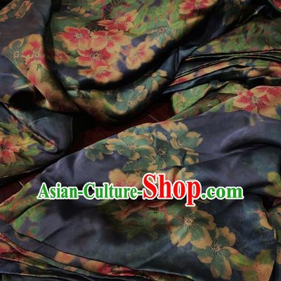 Chinese Classical Peach Blossom Pattern Navy Silk Fabric Traditional Ancient Hanfu Dress Brocade Cloth