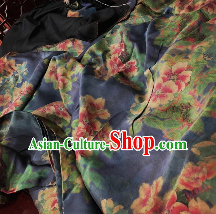 Chinese Classical Peach Blossom Pattern Navy Silk Fabric Traditional Ancient Hanfu Dress Brocade Cloth Chinese Classical Peach Blossom Pattern Navy Silk Fabric Traditional Ancient Hanfu Dress Brocade Cloth
