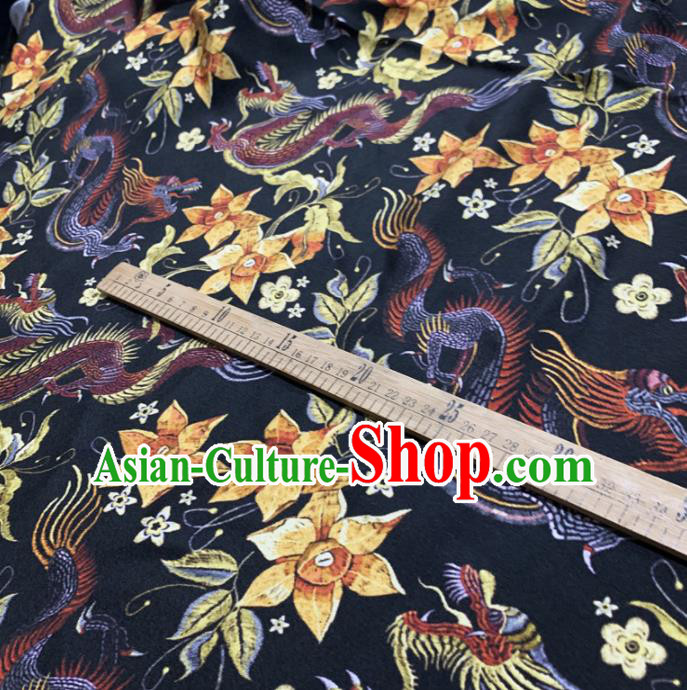 Chinese Classical Dragon Flowers Pattern Navy Silk Fabric Traditional Ancient Hanfu Dress Brocade Cloth
