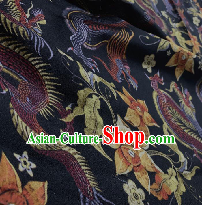 Chinese Classical Dragon Flowers Pattern Navy Silk Fabric Traditional Ancient Hanfu Dress Brocade Cloth