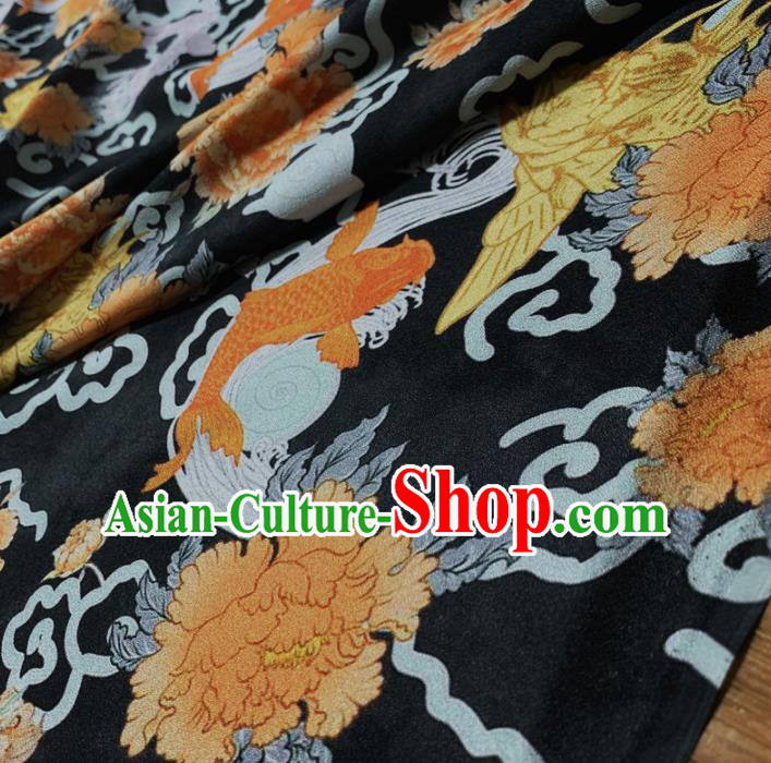 Chinese Classical Carp Peony Pattern Black Silk Fabric Traditional Ancient Hanfu Dress Brocade Cloth Chinese Classical Carp Peony Pattern Black Silk Fabric Traditional Ancient Hanfu Dress Brocade Cloth