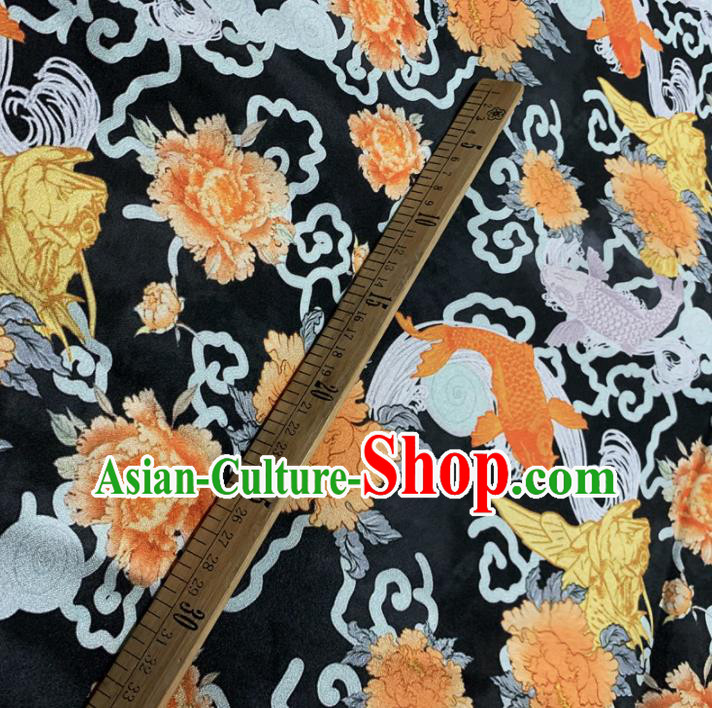 Chinese Classical Carp Peony Pattern Black Silk Fabric Traditional Ancient Hanfu Dress Brocade Cloth Chinese Classical Carp Peony Pattern Black Silk Fabric Traditional Ancient Hanfu Dress Brocade Cloth
