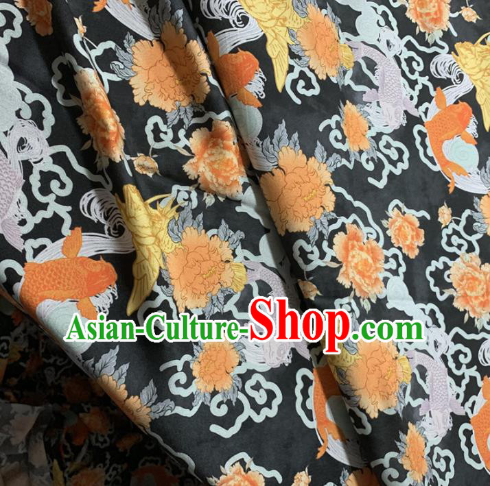 Chinese Classical Carp Peony Pattern Black Silk Fabric Traditional Ancient Hanfu Dress Brocade Cloth Chinese Classical Carp Peony Pattern Black Silk Fabric Traditional Ancient Hanfu Dress Brocade Cloth