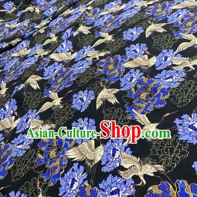 Chinese Classical Peony Cranes Pattern Black Silk Fabric Traditional Ancient Hanfu Dress Brocade Cloth
