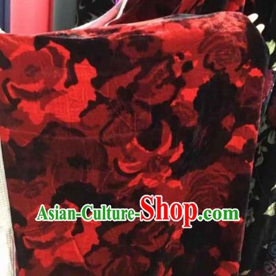 Traditional Chinese Classical Red Flowers Pattern Pleuche Fabric Ancient Cheongsam Dress Velvet Cloth