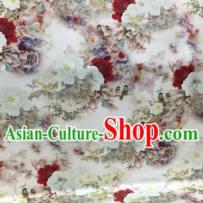 Traditional Chinese Classical Peony Pattern White Silk Fabric Ancient Hanfu Dress Brocade Cloth