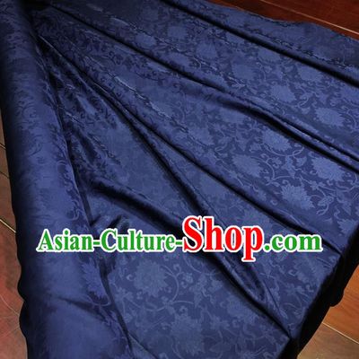 Chinese Classical Lotus Pattern Navy Blue Silk Fabric Traditional Ancient Hanfu Dress Brocade Cloth