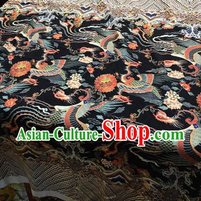 Chinese Classical Phoenix Lotus Pattern Black Silk Fabric Traditional Ancient Hanfu Dress Brocade Cloth