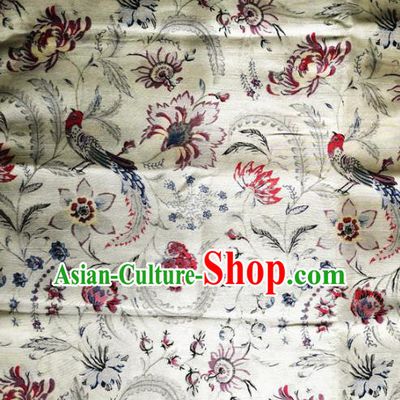 Chinese Classical Birds Pattern White Silk Fabric Traditional Ancient Hanfu Dress Brocade Cloth