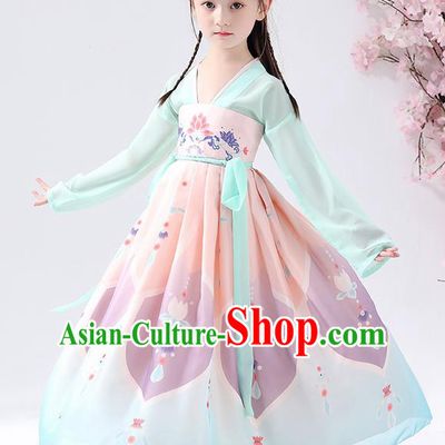 Chinese Traditional Tang Dynasty Girls Printing Light Blue Hanfu Dress Ancient Princess Costume for Kids