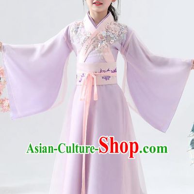 Chinese Traditional Jin Dynasty Girls Lilac Hanfu Dress Ancient Peri Princess Costume for Kids