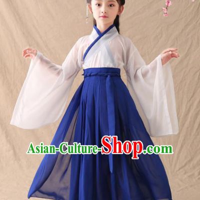 Chinese Traditional Jin Dynasty Girls Royalblue Hanfu Dress Ancient Peri Princess Costume for Kids