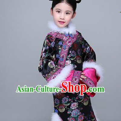 Chinese Traditional Qing Dynasty Princess Black Winter Dress Ancient Manchu Court Girl Costume for Kids