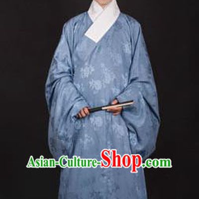 Chinese Traditional Ming Dynasty Taoist Priest Hanfu Blue Robe Ancient Scholar Costume for Men