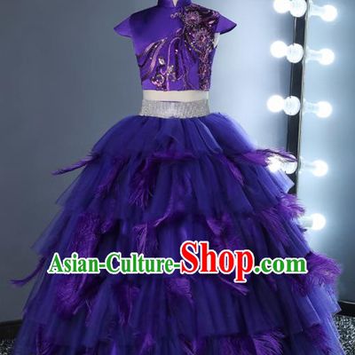 Top Grade Children Day Dance Performance Purple Feather Full Dress Kindergarten Girl Stage Show Costume for Kids