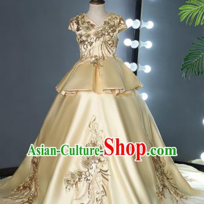 Top Grade Children Day Dance Performance Light Golden Full Dress Kindergarten Girl Stage Show Costume for Kids