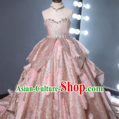 Top Grade Children Day Dance Performance Pink Feather Full Dress Kindergarten Girl Stage Show Costume for Kids