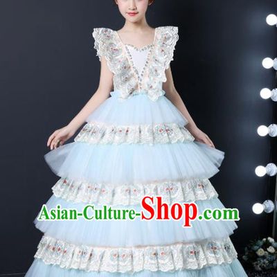 Top Grade Children Day Dance Performance Light Blue Veil Dress Kindergarten Girl Stage Show Costume for Kids