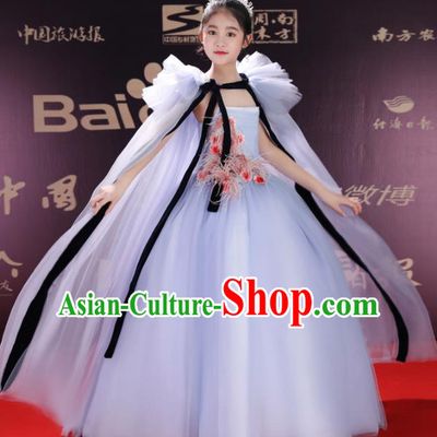 Top Grade Children Day Dance Performance Light Blue Veil Full Dress Kindergarten Girl Stage Show Costume for Kids