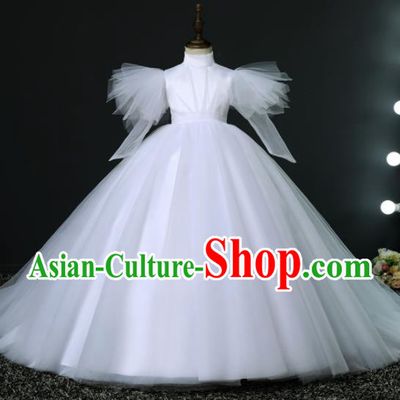 Top Grade Children Day Dance Performance White Veil Trailing Wedding Dress Kindergarten Girl Stage Show Costume for Kids