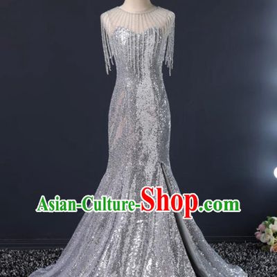 Top Grade Children Day Dance Performance Argent Sequins Full Dress Kindergarten Girl Stage Show Costume for Kids