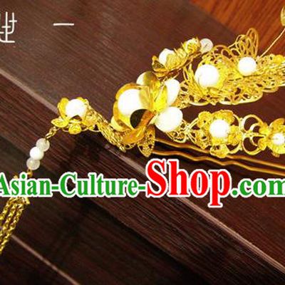 Chinese Ancient Court Queen Tassel Golden Hairpins Traditional Classical Hanfu Hair Accessories for Women