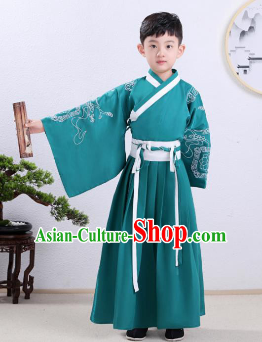Chinese Traditional Han Dynasty Children Green Hanfu Clothing Ancient Scholar Costume for Kids Chinese Traditional Han Dynasty Children Green Hanfu Clothing Ancient Scholar Costume for Kids
