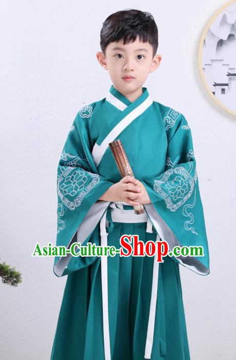 Chinese Traditional Han Dynasty Children Green Hanfu Clothing Ancient Scholar Costume for Kids Chinese Traditional Han Dynasty Children Green Hanfu Clothing Ancient Scholar Costume for Kids
