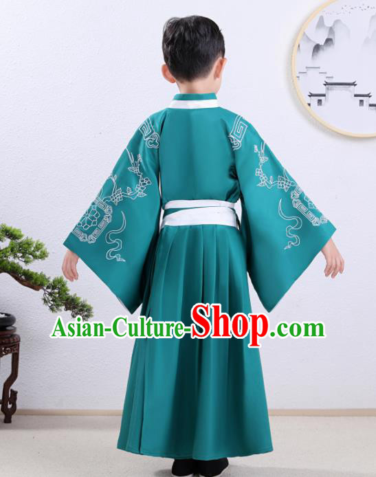 Chinese Traditional Han Dynasty Children Green Hanfu Clothing Ancient Scholar Costume for Kids Chinese Traditional Han Dynasty Children Green Hanfu Clothing Ancient Scholar Costume for Kids